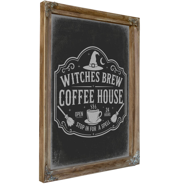 Witches Brew Coffee House Sign Halloween wall art, Verdigris frame