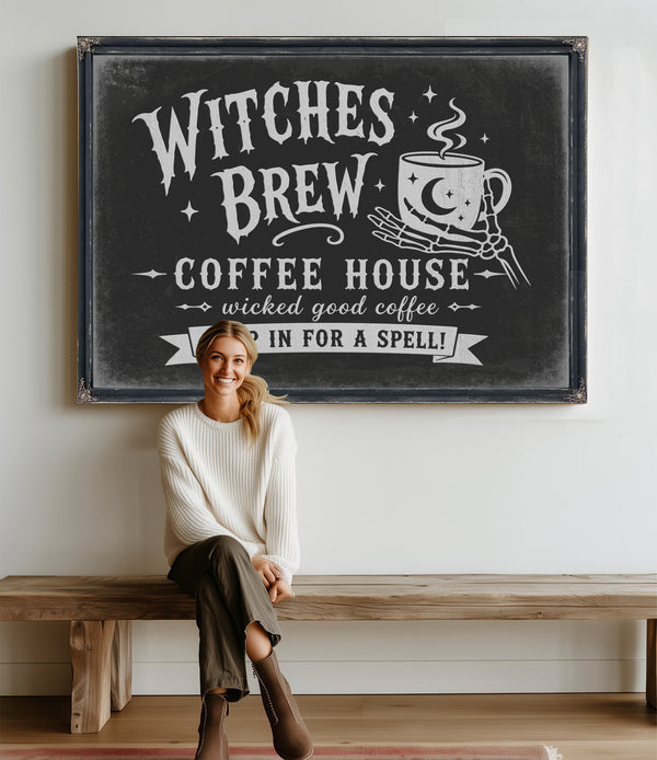 Witches Brew Coffee House Sign Halloween wall art in a styled room