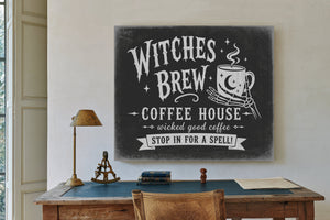 Witches Brew Coffee House Sign Halloween wall art in a styled room