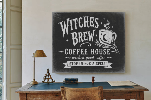 Witches Brew Coffee House Sign Halloween wall art in a styled room