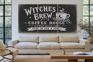 Witches Brew Coffee House Sign Halloween wall art in a styled room