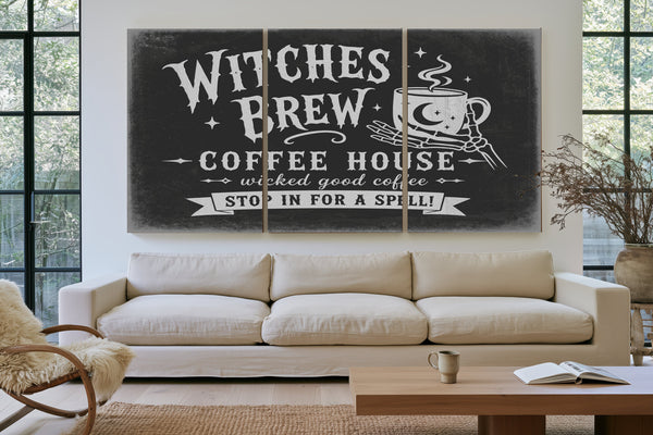 Witches Brew Coffee House Sign Halloween wall art in a styled room