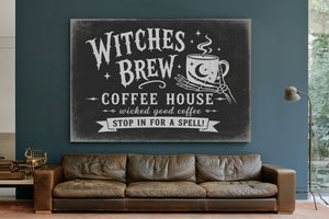 Witches Brew Coffee House Sign Halloween wall art in a styled room