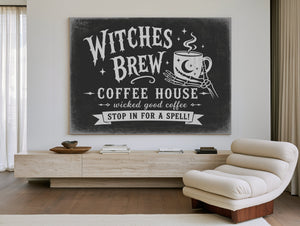 Witches Brew Coffee House Sign Halloween wall art in a styled room