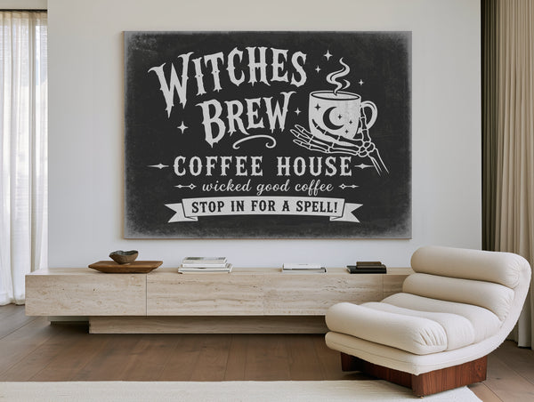 Witches Brew Coffee House Sign Halloween wall art in a styled room