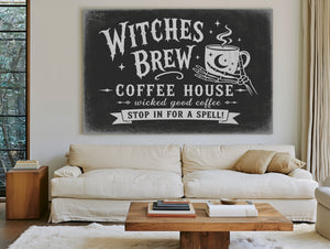 Witches Brew Coffee House Sign Halloween wall art in a styled room