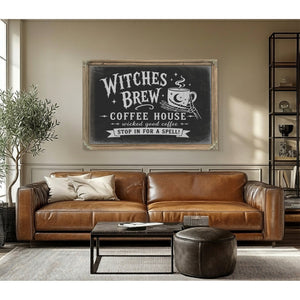 Witches Brew Coffee House Sign Halloween wall art in a styled room