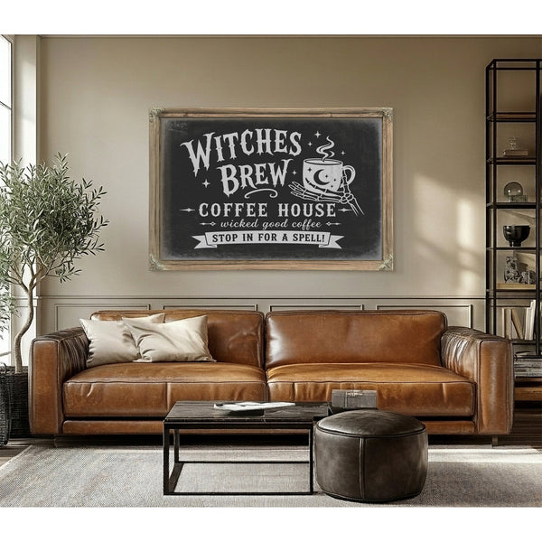 Witches Brew Coffee House Sign Halloween wall art in a styled room