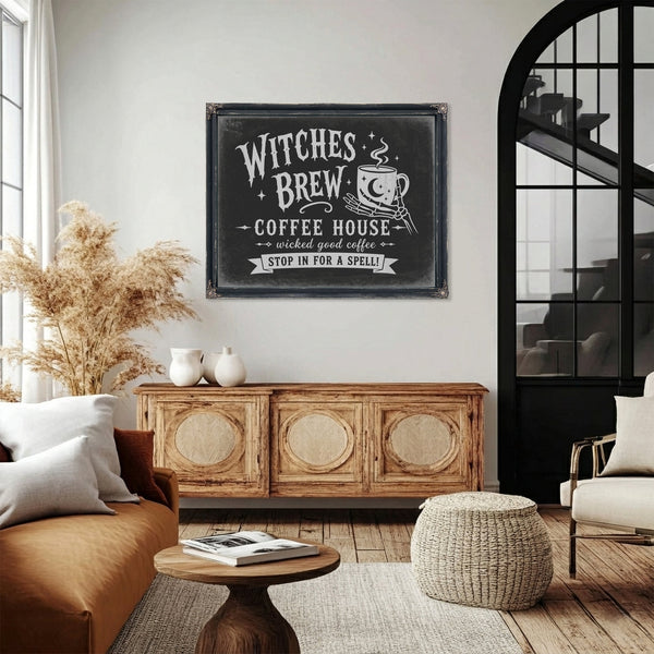 Witches Brew Coffee House Sign Halloween wall art in a styled room
