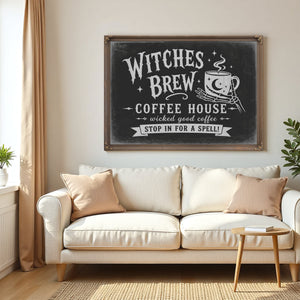 Witches Brew Coffee House Sign Halloween wall art in a styled room