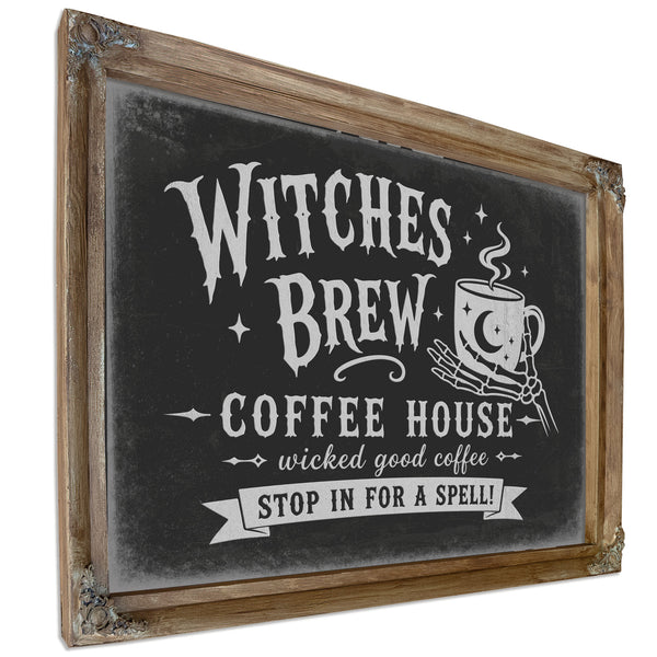 Witches Brew Coffee House Sign Halloween wall art, Verdigris frame