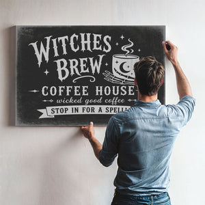 Witches Brew Coffee House Sign Halloween wall art in a styled room