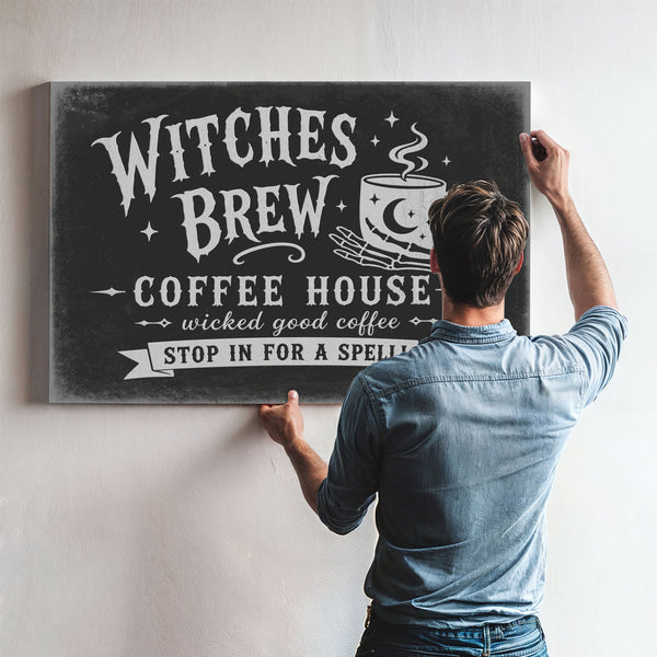 Witches Brew Coffee House Sign Halloween wall art in a styled room