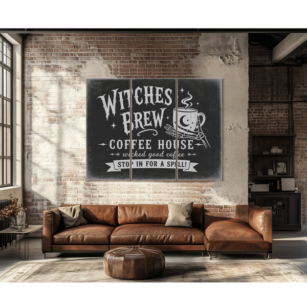 Witches Brew Coffee House Sign Halloween wall art in a styled room