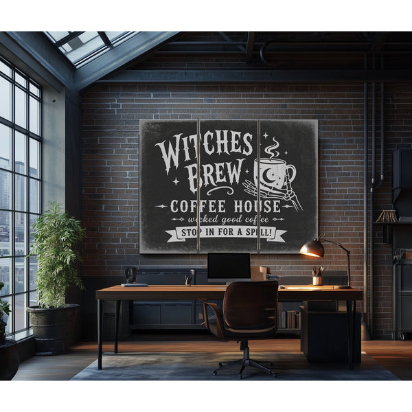 Witches Brew Coffee House Sign Halloween wall art in a styled room