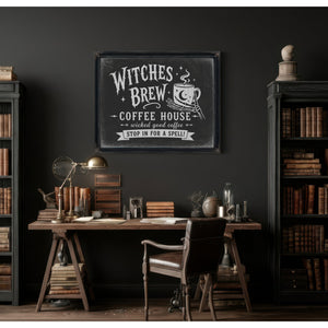 Witches Brew Coffee House Sign Halloween wall art in a styled room