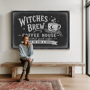 Witches Brew Coffee House Sign Halloween wall art in a styled room