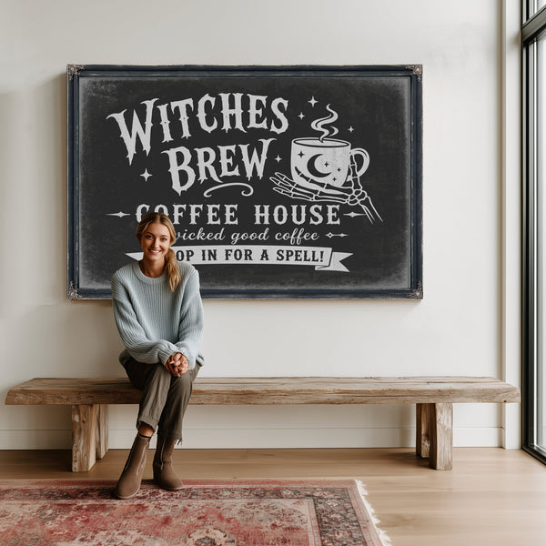 Witches Brew Coffee House Sign Halloween wall art in a styled room