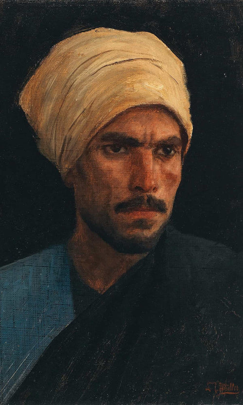 Leopold Carl Muller A Arab With A Yellow Turban And A Blue Burnous By Leopold Carl Muller