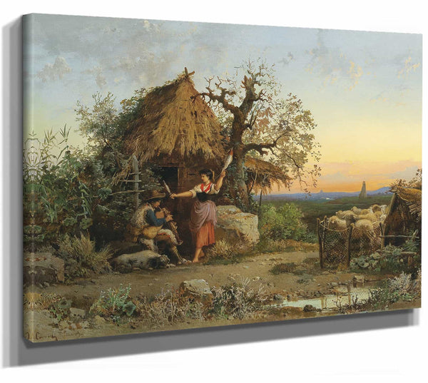 Hermann David Salomon Corrodi 14" x 11" / Stretched Canvas Wrap A Backpipe Playing Shepherd In The Background Rome By Hermann David Salomon Corrodi