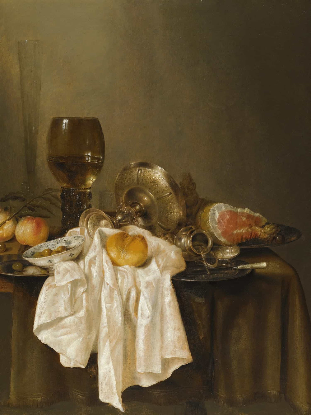 Willem Claesz Heda A Banketje Still Life With A Roemer A Silver Tazza On Its Side A Ham Peaches A Salt Cellar A Bread Roll And A White Cloth On A Partly Draped Table By Willem Claesz Heda