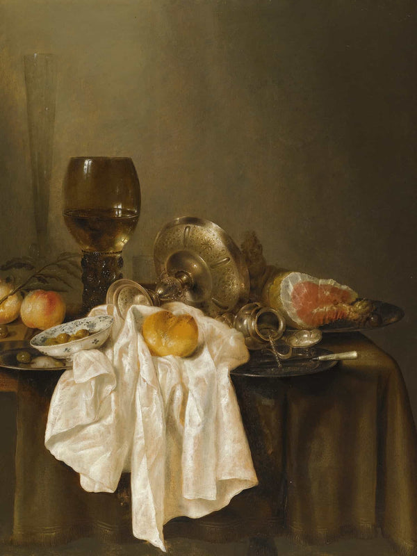 Willem Claesz Heda A Banketje Still Life With A Roemer A Silver Tazza On Its Side A Ham Peaches A Salt Cellar A Bread Roll And A White Cloth On A Partly Draped Table By Willem Claesz Heda