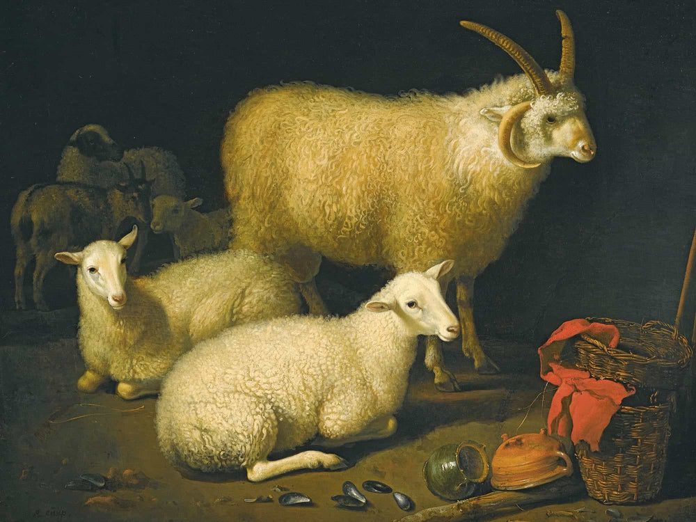 Aelbert Cuyp A Barn Interior With A Four Horned Ram And Four Ewes And A Goat With A Still Life Of A Basket And Upturned Pots To The Right By Aelbert Cuyp