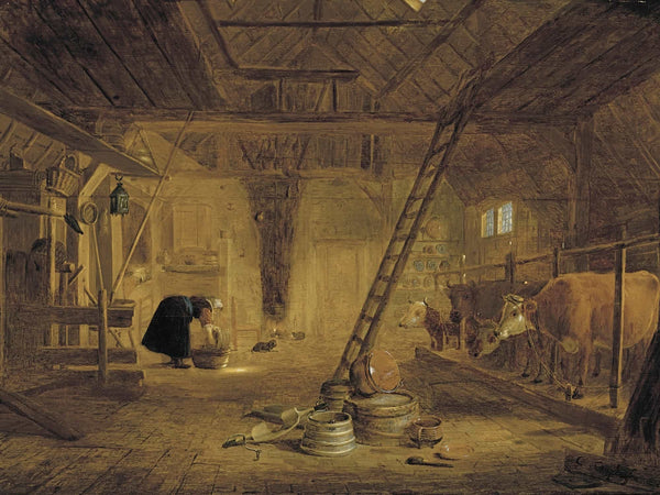 Govert Dircksz Camphuysen A Barn Interior With Four Cows A Milk Maid Cleaning A Pot And Earthenware Pots In The Foreground By Govert Dircksz Camphuysen