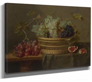 A Basket Of Grapes And A Pomegranate On A Table By Jacob Van Hulsdonck