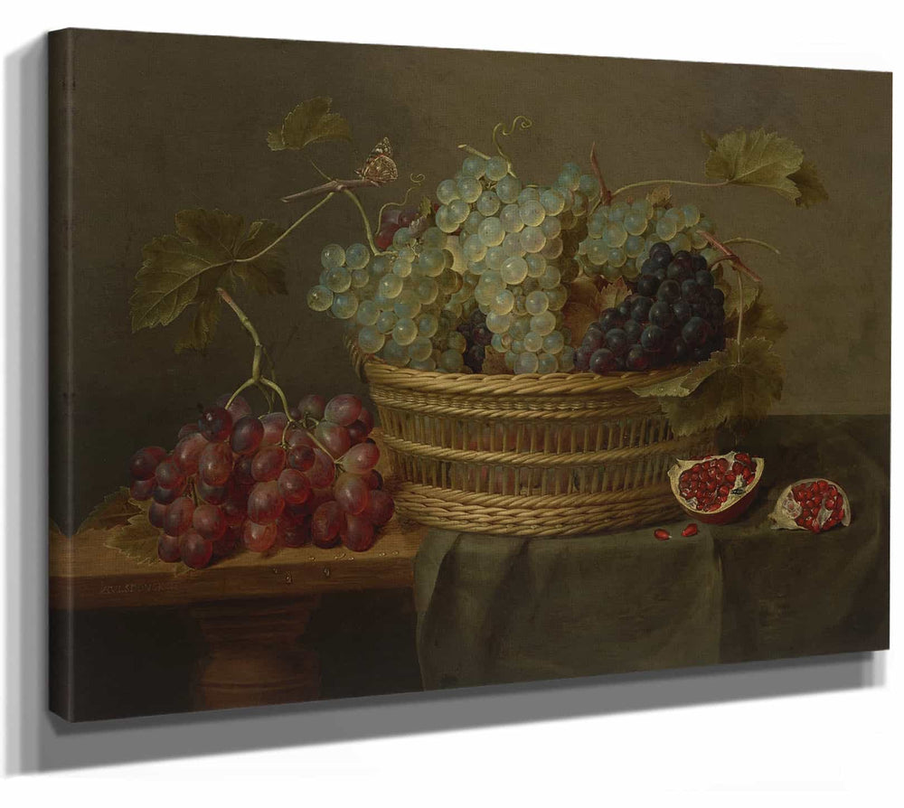 Jacob Van Hulsdonck A Basket Of Grapes And A Pomegranate On A Table By Jacob Van Hulsdonck