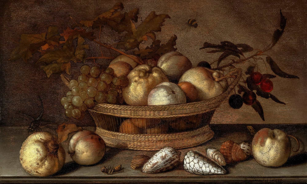 Balthasar Van Der Ast A Basket With Cherries Apples Peaches And A Bunch Of Grapes Surrounded By Apples Peaches Shells Bees And A Dragonfly (1647) By Balthasar Van Der Ast