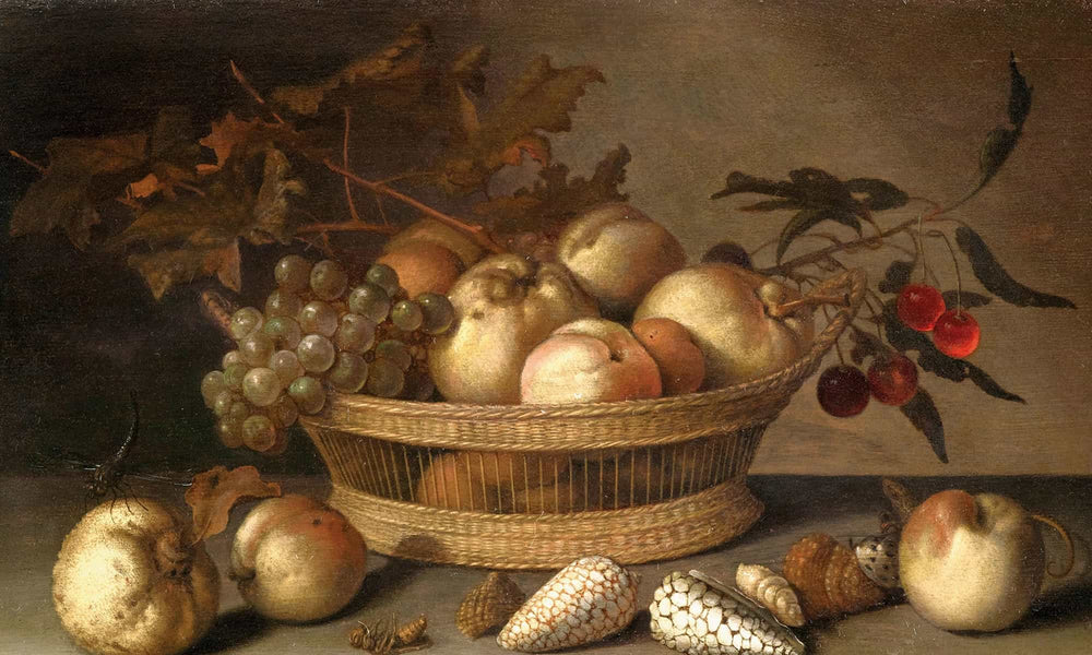 Balthasar Van Der Ast A Basket With Cherries Apples Peaches And A Bunch Of Grapes Surrounded By Apples Peaches Shells Bees And A Dragonfly By Balthasar Van Der Ast