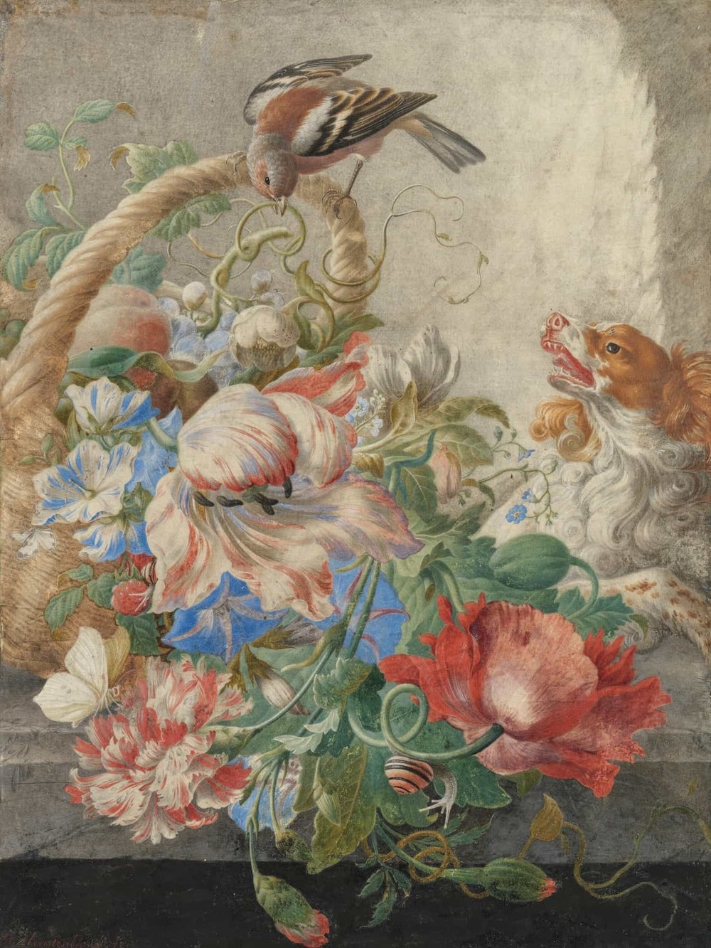 Herman Henstenburgh A Basket With Flowers In A Stone Niche With A Barking Dog And A Bird By Herman Henstenburgh