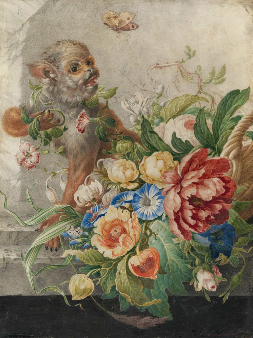 Herman Henstenburgh A Basket With Flowers In A Stone Niche With A Monkey And A Butterfly By Herman Henstenburgh