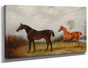 Henry Barraud 18" x 12" / Stretched Canvas Wrap A Bay And A Chestnut Hunter In A Wooded Landscape By Henry Barraud