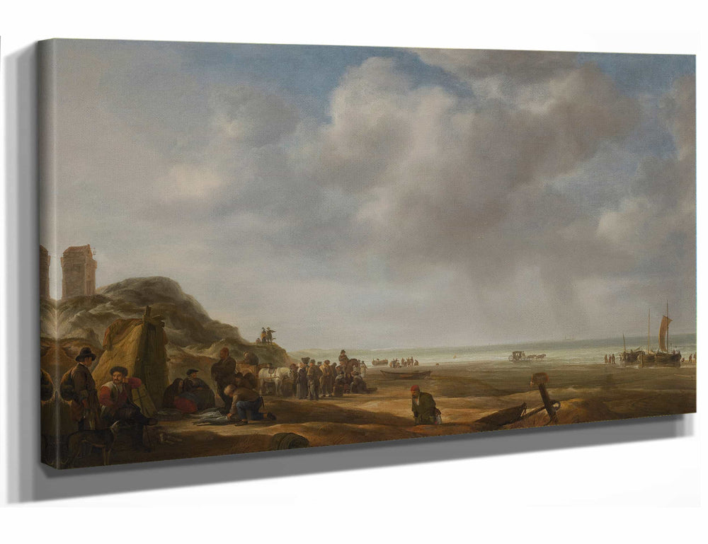 Simon De Vlieger A Beach Scene With Fishermen Displaying Their Catch By Simon De Vlieger