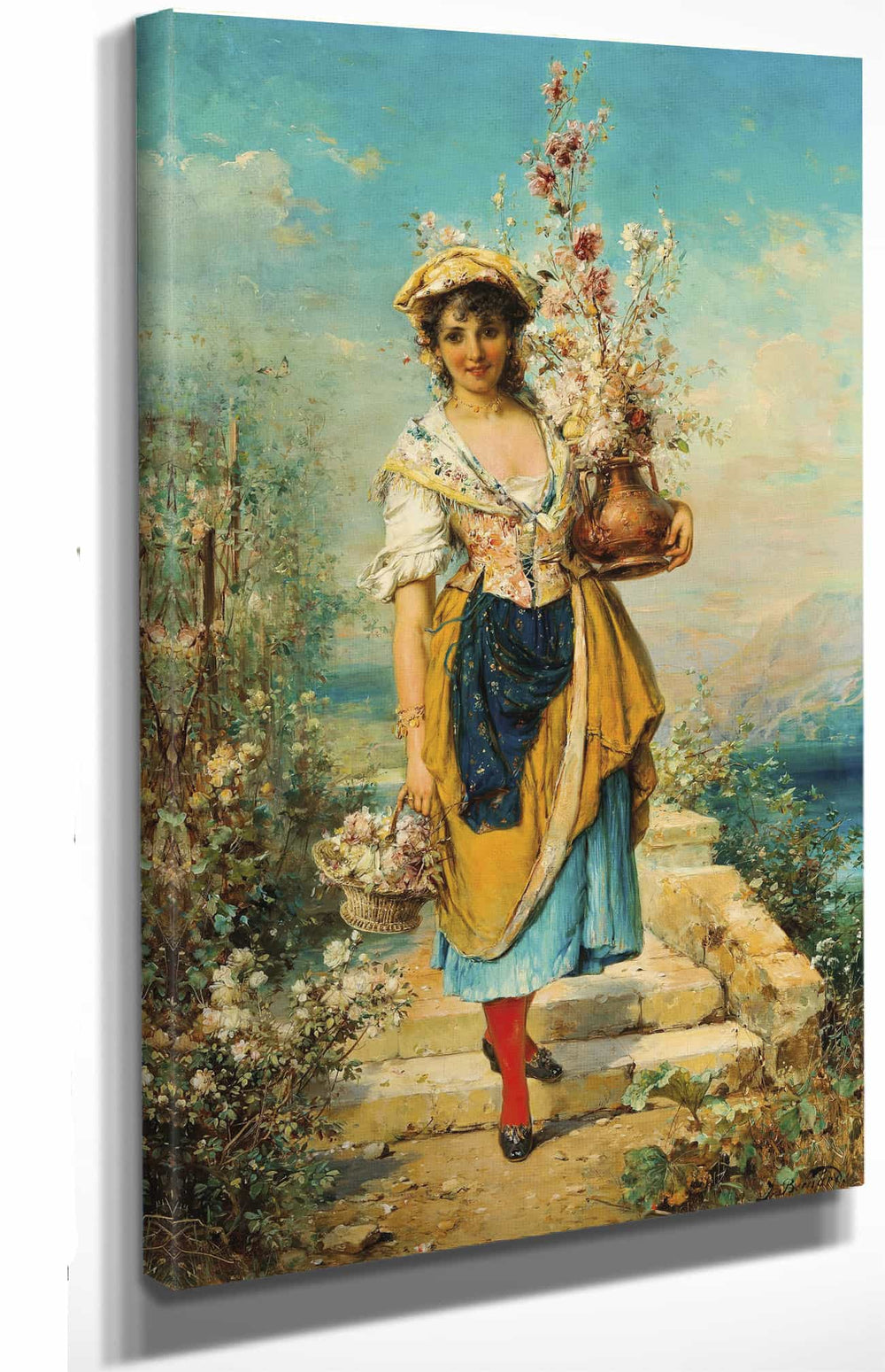 Hans Zatzka 12" x 18" / Stretched Canvas Wrap A Beautiful Flower Girl By Hans Zatzka