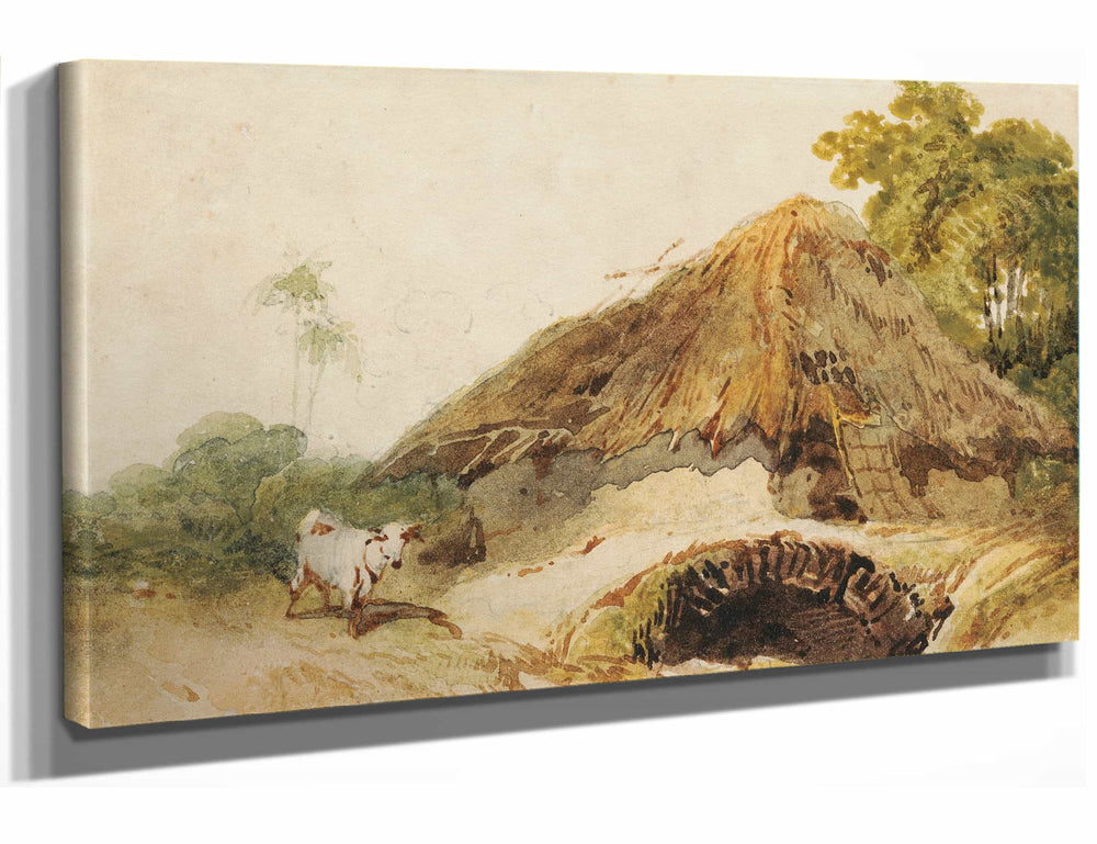 George Chinnery A Bengal Scene With A Thatched Dwelling And A Goat Beside A Bridge By George Chinnery