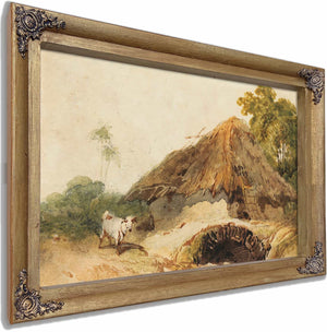 A Bengal Scene With A Thatched Dwelling And A Goat Beside A Bridge By George Chinnery