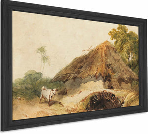 A Bengal Scene With A Thatched Dwelling And A Goat Beside A Bridge By George Chinnery