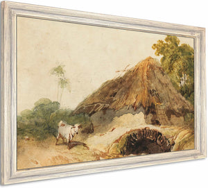 A Bengal Scene With A Thatched Dwelling And A Goat Beside A Bridge By George Chinnery