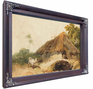 A Bengal Scene With A Thatched Dwelling And A Goat Beside A Bridge By George Chinnery