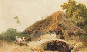 George Chinnery A Bengal Scene With A Thatched Dwelling And A Goat Beside A Bridge By George Chinnery