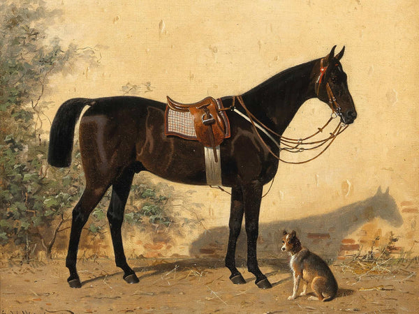 Emil Volkers A Black Horse With A Dog By Emil Volkers