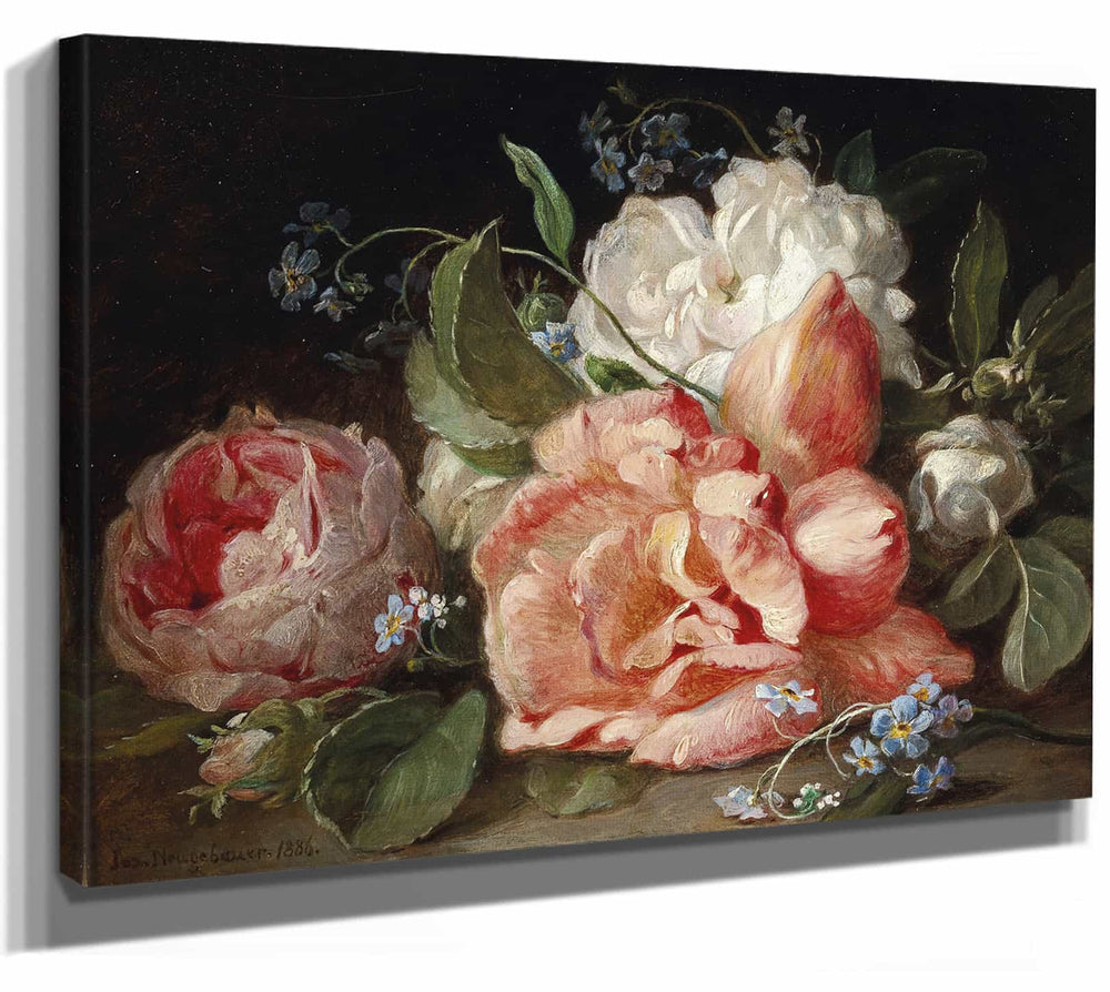 Josef Neugebaue 14" x 11" / Stretched Canvas Wrap A Bouquet Of Flowers With Roses And Forget Me Nots (1886) By Josef Neugebaue