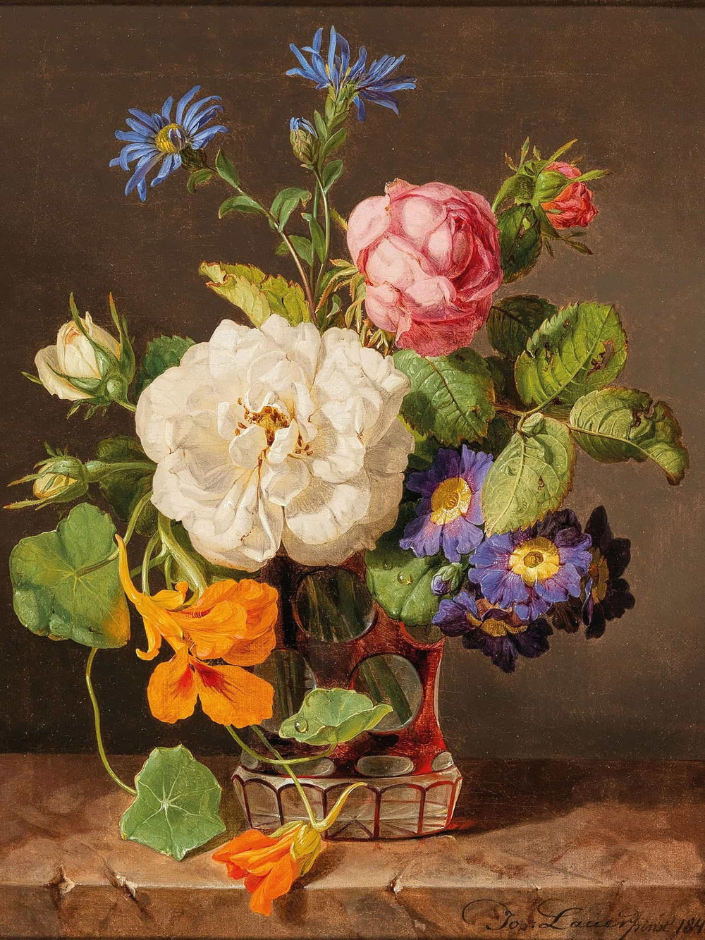 Josef Lauer A Bouquet Of Flowers With White And Red Roses Primroses And Nasturtium (1848) By Josef Lauer