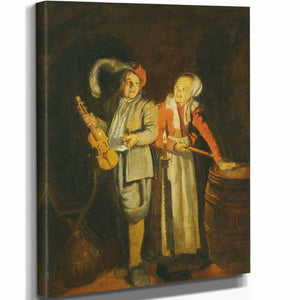 Jan Miense Molenaer 11" x 14" / Stretched Canvas Wrap A Boy And A Girl Playing Music By Candlelight By Jan Miense Molenaer