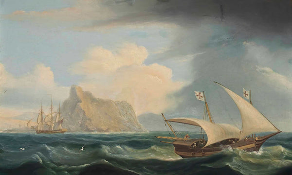 Thomas Luny 18" x 12" / Unframed Paper A British Warship And A Maltese Xebec In The Straits Of Gibraltar By Thomas Luny