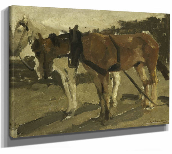 George Hendrik Breitner 14" x 11" / Stretched Canvas Wrap A Brown And A White Horse In Scheveningen By George Hendrik Breitner