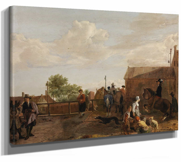 Ludolf De Jongh 14" x 11" / Stretched Canvas Wrap A Canal Boat Station By Ludolf De Jongh